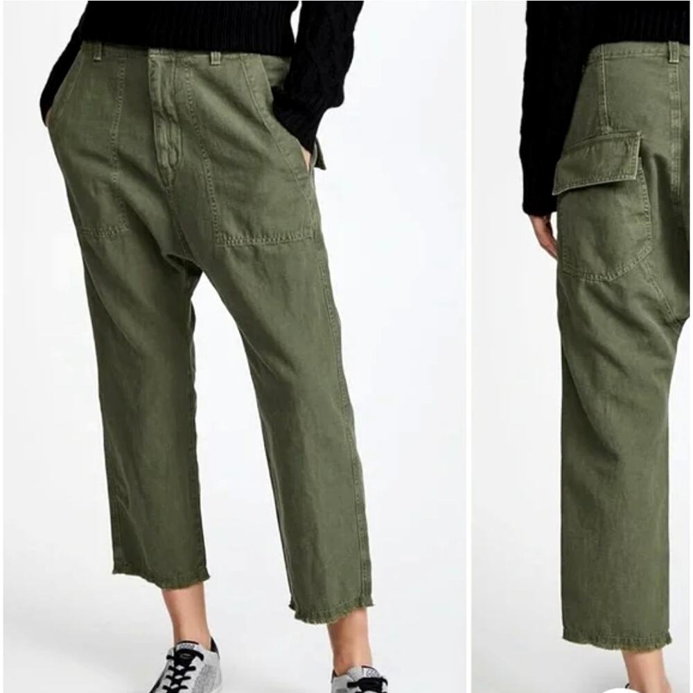NEW Nili Lotan 10 Drop Crotch Slouchy Luna Pant Cropped Cotton Linen Camo Green